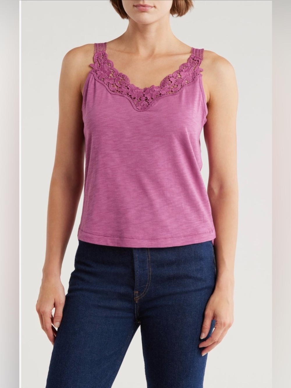 Democracy NWT Crochet Lace-Trim v-neck Tank Top/Camisole Mauve Pink Fuschia